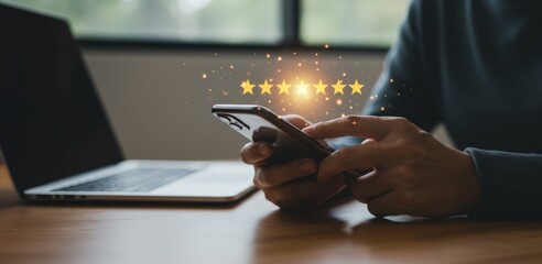 Businessman checking customer rating mobile feedback concept online review satisfaction service quality digital marketing brand trust