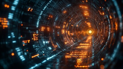 A mesmerizing digital tunnel with glowing lights and intricate patterns illuminating the path ahead in a futuristic setting