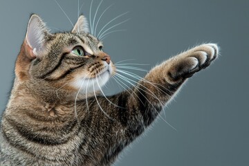 A playful cat extends its paw, showcasing its curious nature against a minimalist grey background.