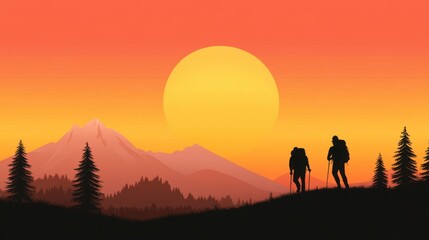 Fototapeta premium Silhouette of Hikers Against a Vibrant Sunset Over Mountain Range