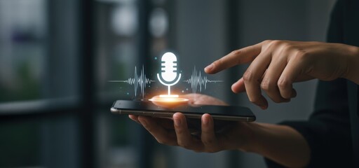 Hand using mobile voice command virtual assistant smart AI technology communication futuristic microphone icon digital interaction