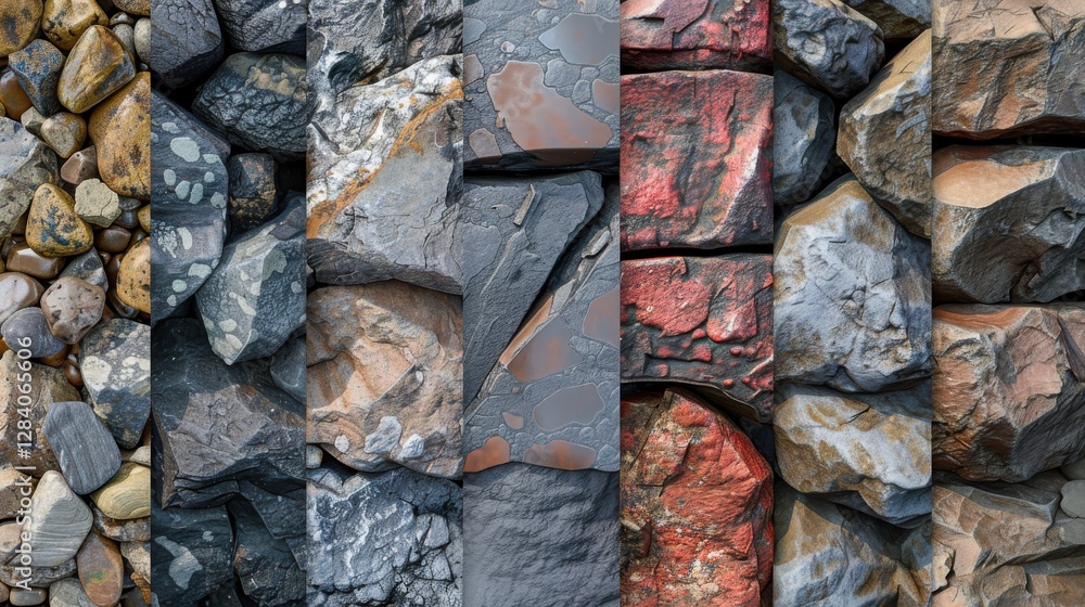 Poster diverse textures of natural stones and rocks displayed in vertical sections for graphic design and r