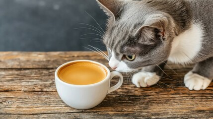 A curious cat sniffs a small cup of coffee on a rustic wooden surface, showcasing a playful moment between pets and beverages.