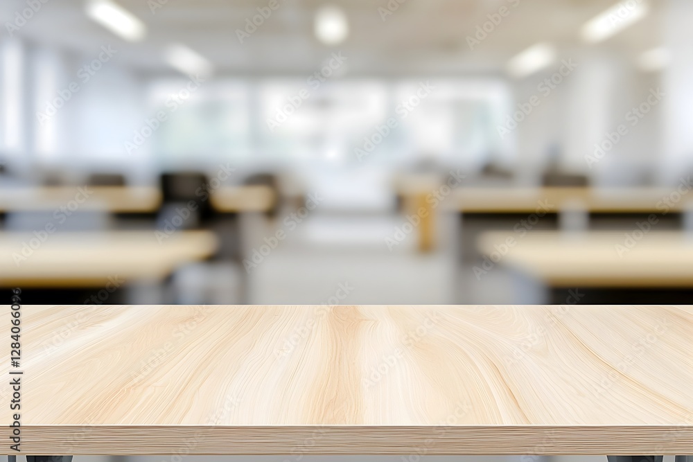 Aufkleber blurred office workspace with focused empty table for product display and advertising banner