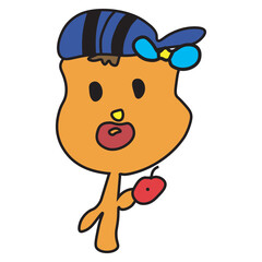 Children's drawing of a cat in a cap eating an apple