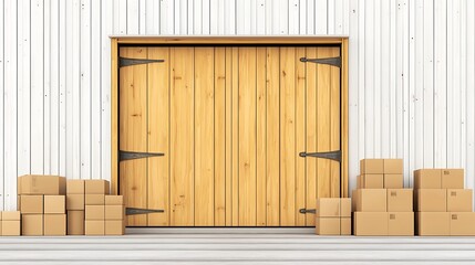 3D Render: Cardboard Boxes Stacked Before a Wooden Garage Door AI Generated