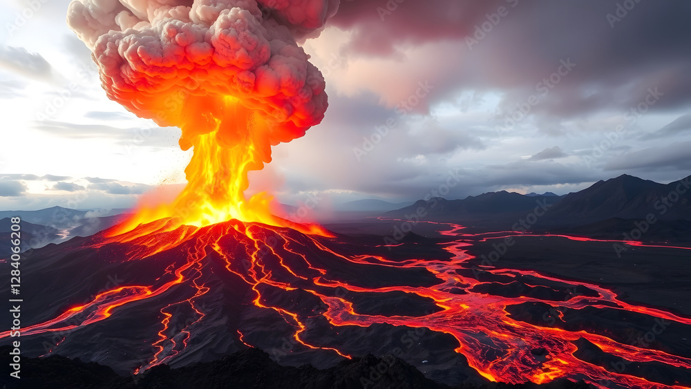 Poster display of a volcanic eruption with its explosive force mesmerizing eruption column flowing rivers o