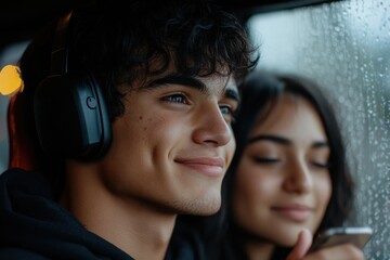 Fototapeta premium A young couple listens to music together while relaxing inside a car, creating a cozy and intimate atmosphere amidst the rain outside their window.
