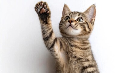 Obraz premium Playful kitten reaching paw against white backdrop