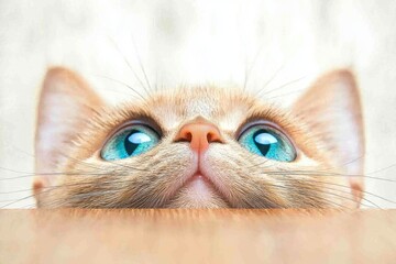 A close-up of a curious cat with striking blue eyes peeking over a surface, showcasing its adorable features and playful demeanor.