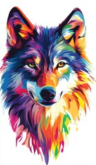 Naklejka premium Colorful Wolf Portrait with Vibrant Hues of Blue Purple Red Yellow and Green Artistic Rendering