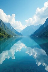 Naklejka premium Soft cloudy sky over a serene lake with surrounding mountains, serene, lake, blue