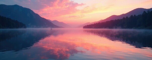 Soft hues of pink and orange illuminate the lake's surface as morning breaks, ripples, sunrise