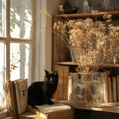 Black Cat Sitting Beside Window And Books With Dry Flowers In A Vase On Wooden Shelves