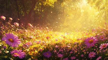 Obraz premium Sunlit meadow, flowers blooming, forest background, idyllic scene, nature wallpaper
