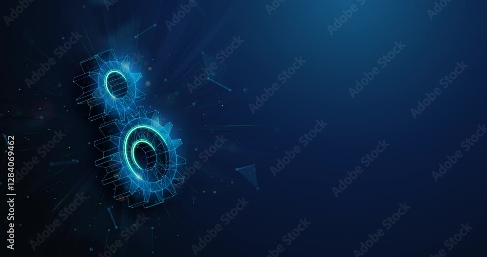 Poster two low poly gears spinning together on the side. synergy partnership and industry teamwork animatio