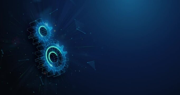 Two Low Poly Gears Spinning Together on the Side. Synergy partnership and industry teamwork animation. Service development and setup, tech support animated concept by wireframe mesh on blue background