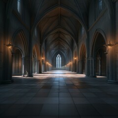 Fototapeta premium Gothic Architecture Hallway With Arches And Stone Pillars Illuminated By Sunlight Through Window
