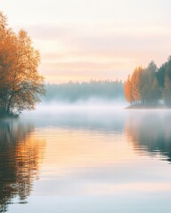 Fototapeta premium Serene autumn lake with misty reflections.