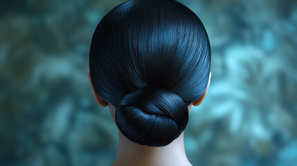 Elegant back view of a woman showcasing a polished low chignon hairstyle with sleek jet-black hair, ideal for modern professional settings during an evening event