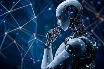 Fototapeta premium Advanced humanoid robot contemplating technology and artificial intelligence in a dark futuristic setting