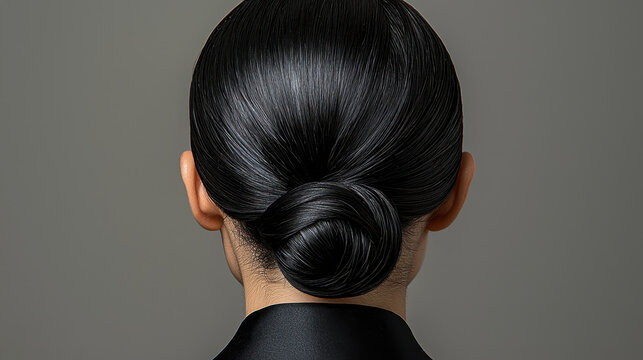 Close-up of a woman's back showcasing sleek black hair styled in a minimalist low chignon, emphasizing modern professional aesthetics