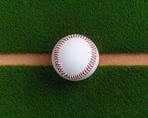 A close-up view of a baseball resting on green grass.