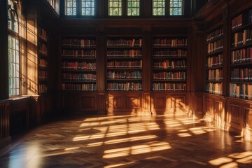 Sunlit library interior, bookshelves, hardwood floor, peaceful study