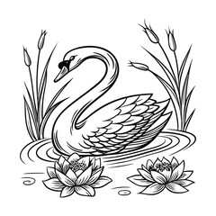Hand-drawn swan with flowers coloring page silhouette vector art design