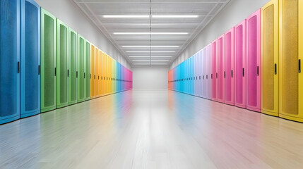Obraz premium Colorful lockers in a bright hallway; education or storage concept
