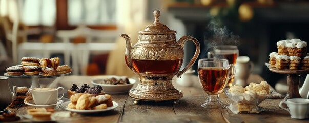 Elegant afternoon tea spread with vintage teapot and assorted pastries