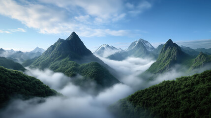 Fototapeta premium Mountains peaks with clouds in valleys. Nature landscape scenery.