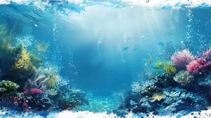 Fototapeta premium Vibrant Underwater Scene Featuring Colorful Coral and Marine Life with Soft Sunlight Filtering Through Ocean Water