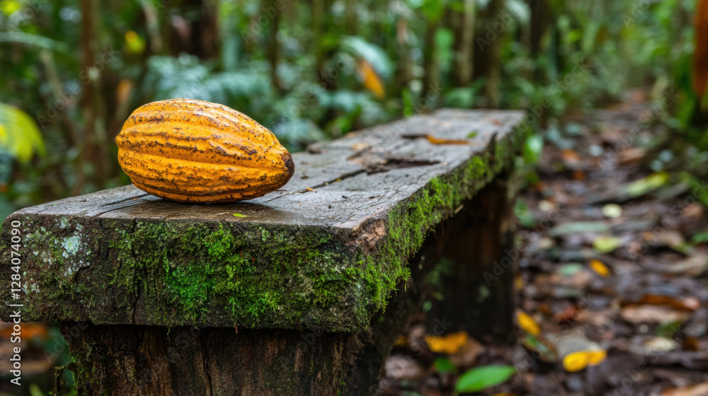 Poster whole cocoa, a cocoa pod resting on a moss-covered log in a detailed, high-resolution image.
