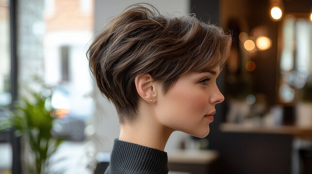 Close-up view of a woman with a stylish black pixie cut showcasing a tapered nape and voluminous textured layers in a modern hair salon setting