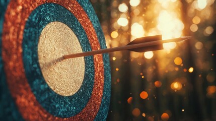 Dart Hitting Bullseye on Colorful Target in Nature at Sunset