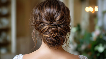 Naklejka premium Close-up back view of a woman with a high messy bun and loose strands framing her neck in a soft, chic setting, showcasing elegant brunette tones in soft light