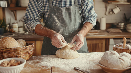 Crafting dough: an artisan baker shapes bread dough on a floured surface, embodying the art of traditional baking in a cozy kitchen setting.