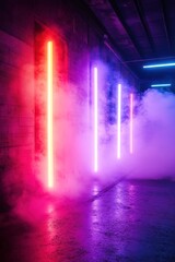 Neon lights illuminate smoky warehouse corridor; background atmospheric; event backdrop