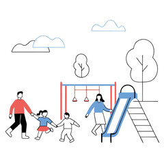 Family Playground Fun: Colorful Line Art Illustration of Parents and Kids Playing.