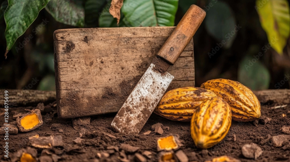 Poster whole cocoa, a machete slices open a cocoa pod during harvest in this high-fidelity stock image.