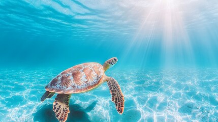 Fototapeta premium Swimming sea turtle in clear tropical waters underwater photography ocean environment natural habitat