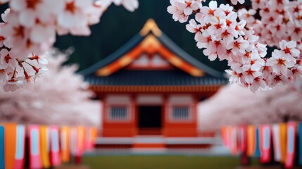 Cherry blossom Japan Festival Concept, Picturesque Cherry Blossom Festival Surrounded by Blooming Trees and Traditional Architecture in Spring