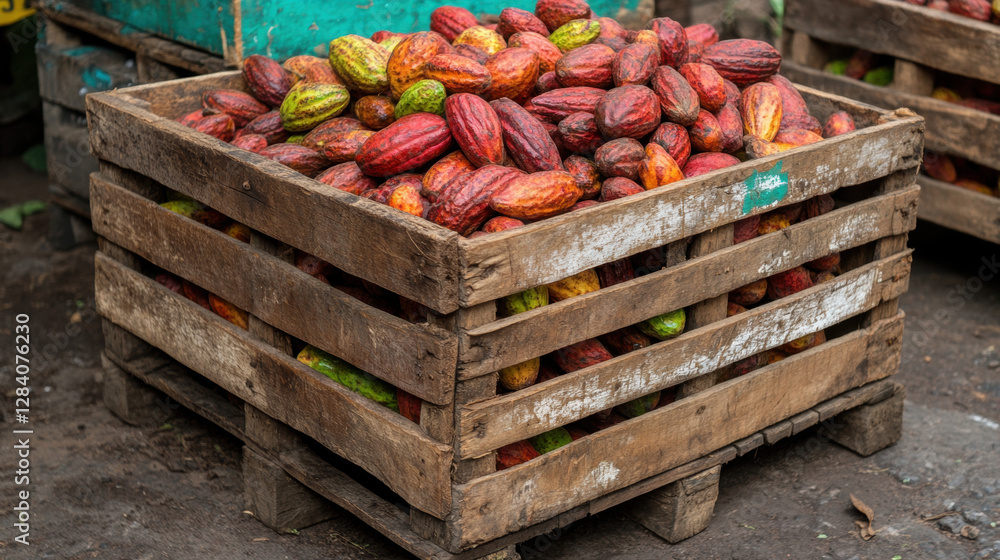 Poster whole cocoa, a wooden crate filled with ripe cocoa pods, captured in high fidelity for stock image u