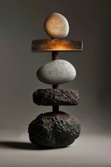 Stacked Stone Art Piece With Internal Light And Rough Texture Composition Against Gray Background