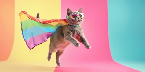 A fearless gray cat leaps forward, donning a red superhero mask and flowing rainbow cape against colorful pride-themed background, symbolizing strength and inclusivity