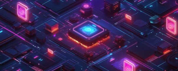 Obraz premium Futuristic neon circuit board with glowing microchip in digital technology landscape