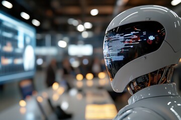 A detailed view of a sleek robot featuring advanced display technology, emphasizing the integration of robotics and digital interaction in modern environments.