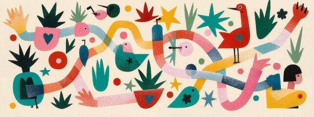 Whimsical Illustration: A Colorful World of Birds, Plants, Stars, and Abstract Figures in a Fun, Imaginative Design.