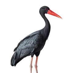 A close-up of a black stork with distinctive red legs and beak. © Elizabeth_Art
